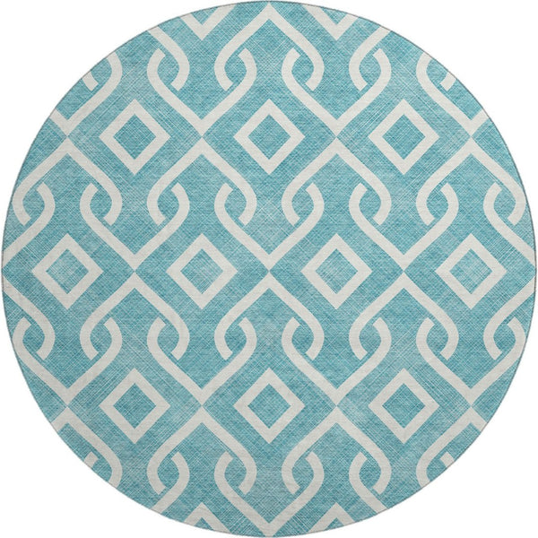 HomeRoots 8' Teal And Ivory Geometric Round Rug – UV-Resistant, Washable, Perfect for Indoor & Patio Use 652590