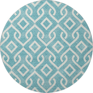 HomeRoots 8' Teal And Ivory Geometric Round Rug – UV-Resistant, Washable, Perfect for Indoor & Patio Use 652590