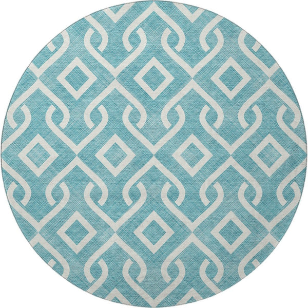 HomeRoots 8' Teal And Ivory Geometric Round Rug – UV-Resistant, Washable, Perfect for Indoor & Patio Use 652590