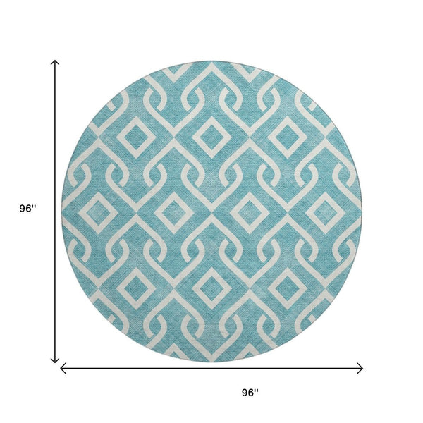 HomeRoots 8' Teal And Ivory Geometric Round Rug – UV-Resistant, Washable, Perfect for Indoor & Patio Use 652590