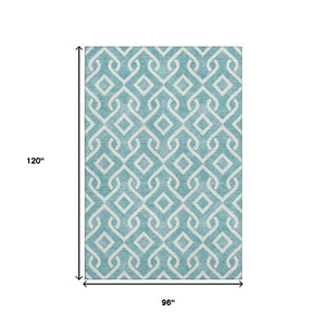 HomeRoots 8' X 10' Teal And Ivory Geometric Area Rug - Durable, Stain Resistant, UV Protected, Machine Washable! 652591