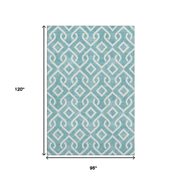 HomeRoots 8' X 10' Teal And Ivory Geometric Area Rug - Durable, Stain Resistant, UV Protected, Machine Washable! 652591