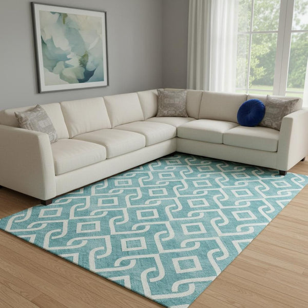 HomeRoots 8' X 10' Teal And Ivory Geometric Area Rug - Durable, Stain Resistant, UV Protected, Machine Washable! 652591