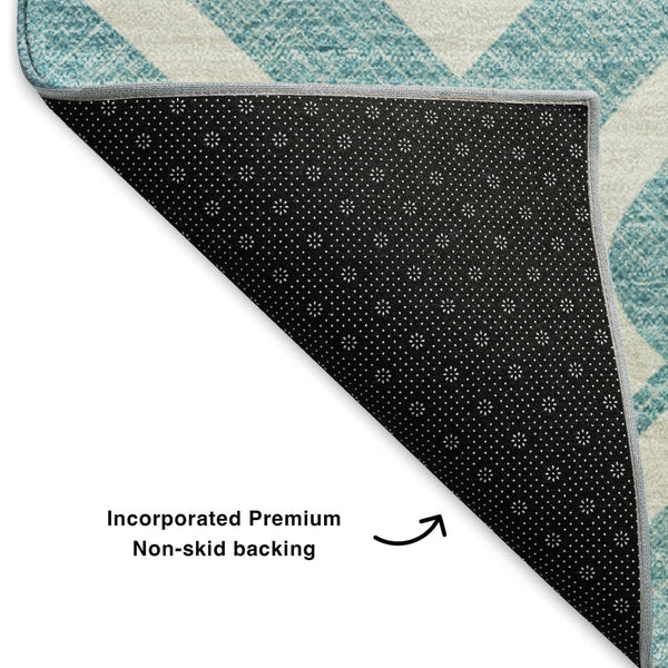 HomeRoots 9' X 12' Teal And Ivory Geometric Area Rug - Washable, UV-Protected, Stain-Resistant & Stylish! 652592