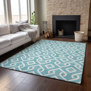 HomeRoots 9' X 12' Teal And Ivory Geometric Area Rug - Washable, UV-Protected, Stain-Resistant & Stylish! 652592