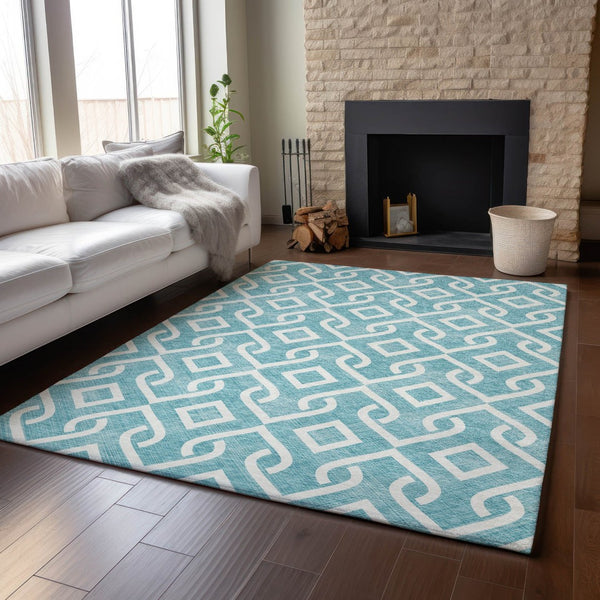 HomeRoots 9' X 12' Teal And Ivory Geometric Area Rug - Washable, UV-Protected, Stain-Resistant & Stylish! 652592