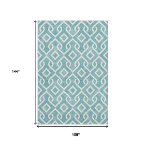 HomeRoots 9' X 12' Teal And Ivory Geometric Area Rug - Washable, UV-Protected, Stain-Resistant & Stylish! 652592