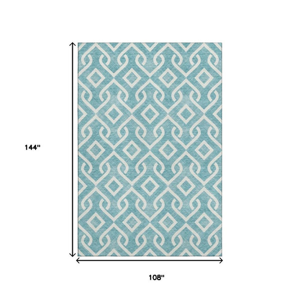HomeRoots 9' X 12' Teal And Ivory Geometric Area Rug - Washable, UV-Protected, Stain-Resistant & Stylish! 652592