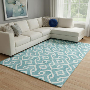 HomeRoots 10' X 14' Teal and Ivory Geometric Washable Area Rug - Durable, Stain-Resistant, UV Protected Decor! 652593