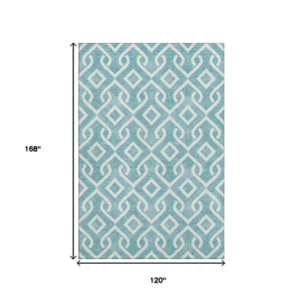 HomeRoots 10' X 14' Teal and Ivory Geometric Washable Area Rug - Durable, Stain-Resistant, UV Protected Decor! 652593