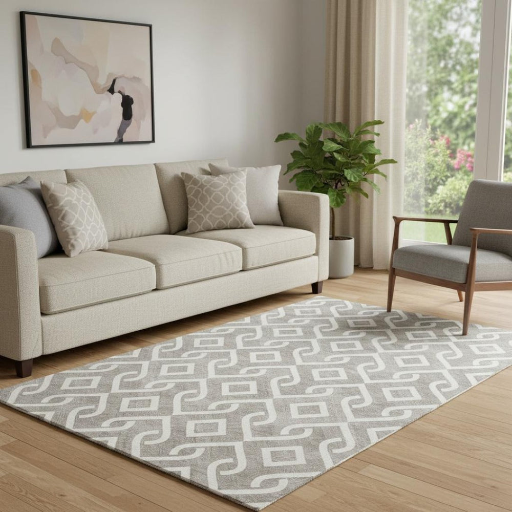 HomeRoots 5' X 8' Taupe and Ivory Geometric Area Rug - Stylish, Washable, UV Protected for Homes with Kids & Pets 652595