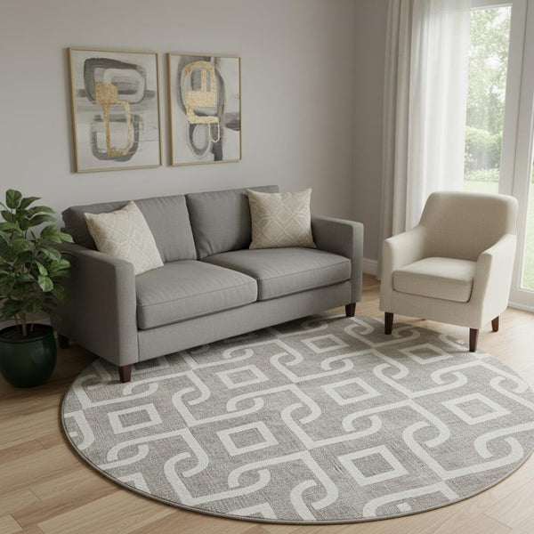 HomeRoots 8' Taupe and Ivory Geometric Round Washable Rug with UV Protection for Stylish, Durable Living Spaces 652596