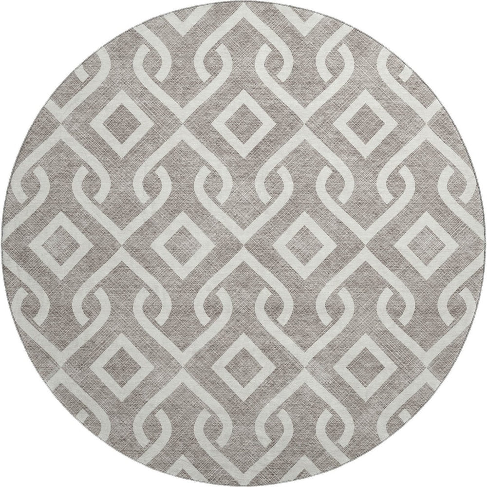 HomeRoots 8' Taupe and Ivory Geometric Round Washable Rug with UV Protection for Stylish, Durable Living Spaces 652596
