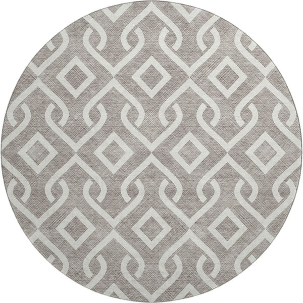 HomeRoots 8' Taupe and Ivory Geometric Round Washable Rug with UV Protection for Stylish, Durable Living Spaces 652596