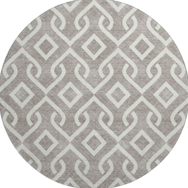 HomeRoots 8' Taupe and Ivory Geometric Round Washable Rug with UV Protection for Stylish, Durable Living Spaces 652596