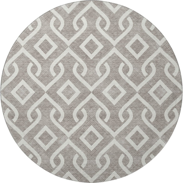 HomeRoots 8' Taupe and Ivory Geometric Round Washable Rug with UV Protection for Stylish, Durable Living Spaces 652596