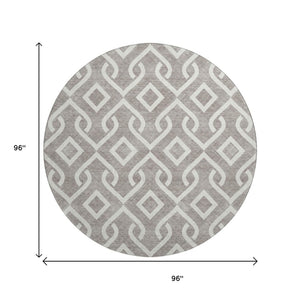 HomeRoots 8' Taupe and Ivory Geometric Round Washable Rug with UV Protection for Stylish, Durable Living Spaces 652596