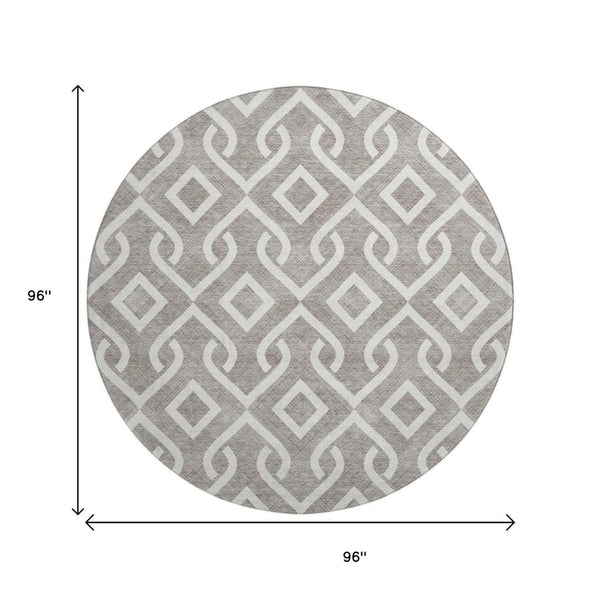 HomeRoots 8' Taupe and Ivory Geometric Round Washable Rug with UV Protection for Stylish, Durable Living Spaces 652596
