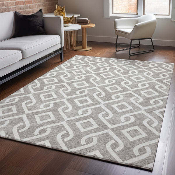 HomeRoots 8' X 10' Geometric Washable Area Rug in Taupe & Ivory – Durable, Stain-Resistant with UV Protection! 652597