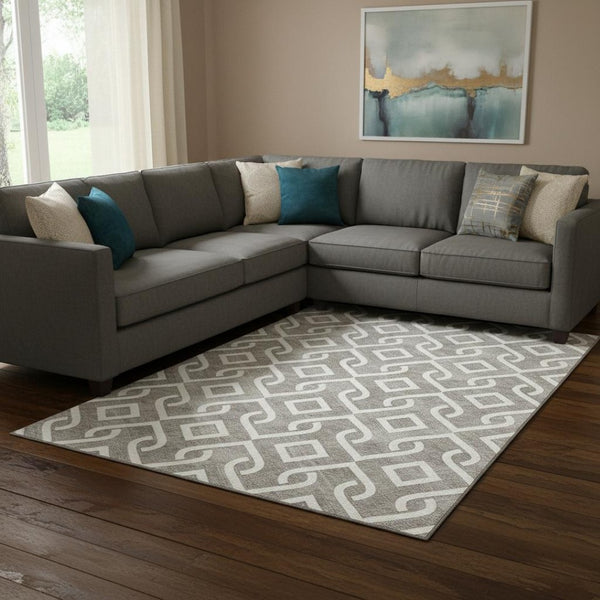 HomeRoots 10' X 14' Taupe & Ivory Geometric Area Rug - Washable, UV-Protected, Durable, Modern Style for Homes 652599