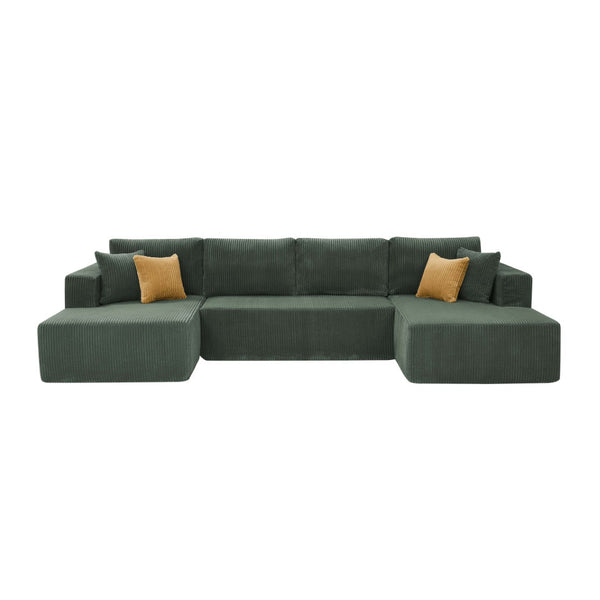 English Elm Full Corduroy Upholstered Double Chaise Sectional Lounge Ready No Tools Needed Dark Green B2748S00052