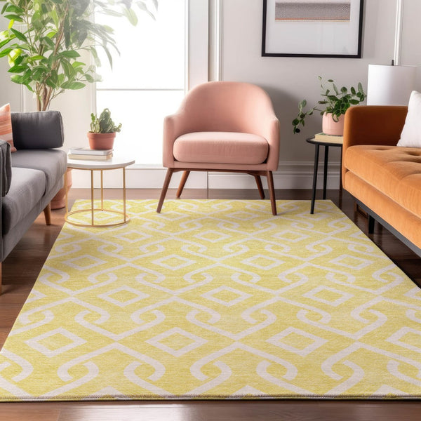 HomeRoots 5' X 8' Yellow and Ivory Geometric Area Rug - Durable, Washable, UV Protected for Family Homes 652601