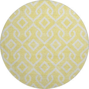 HomeRoots 8' Yellow and Ivory Geometric Round Rug - Washable, UV-Protected, Durable for High-Traffic Areas 652602