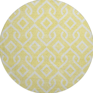 HomeRoots 8' Yellow and Ivory Geometric Round Rug - Washable, UV-Protected, Durable for High-Traffic Areas 652602