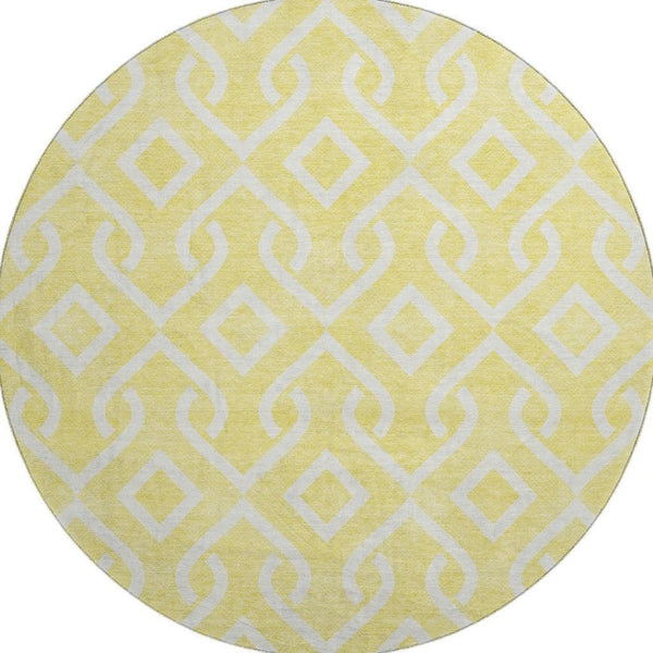 HomeRoots 8' Yellow and Ivory Geometric Round Rug - Washable, UV-Protected, Durable for High-Traffic Areas 652602