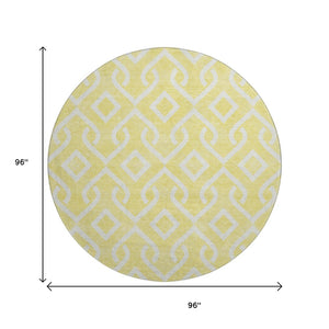 HomeRoots 8' Yellow and Ivory Geometric Round Rug - Washable, UV-Protected, Durable for High-Traffic Areas 652602