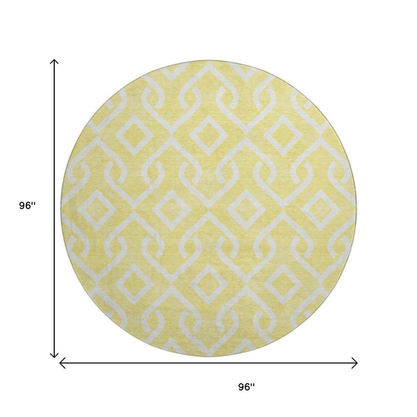 HomeRoots 8' Yellow and Ivory Geometric Round Rug - Washable, UV-Protected, Durable for High-Traffic Areas 652602