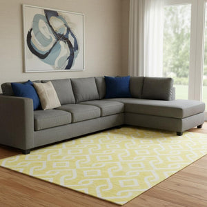 HomeRoots 8' X 10' Yellow & Ivory Geometric Area Rug - Washable, UV Protected, Durable for Homes with Kids & Pets 652603