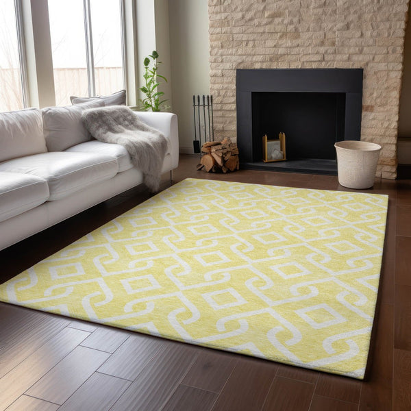 HomeRoots 8' X 10' Yellow & Ivory Geometric Area Rug - Washable, UV Protected, Durable for Homes with Kids & Pets 652603