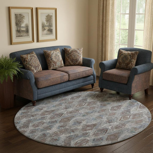 HomeRoots 8' Blue And Gray Diamond Washable Round Rug - Stain Resistant, UV Protected, Ideal for Homes & Patios 652614
