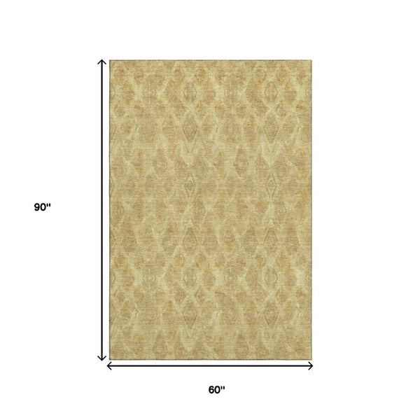 HomeRoots 5' X 8' Gold and Beige Diamond Area Rug - Washable, UV Protected, Stain Resistant for Busy Homes 652619