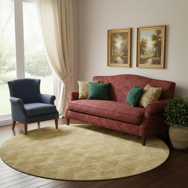 HomeRoots 8' Gold and Beige Diamond Washable Round Rug - Stain-Resistant, UV Protected, Perfect for Any Space! 652620
