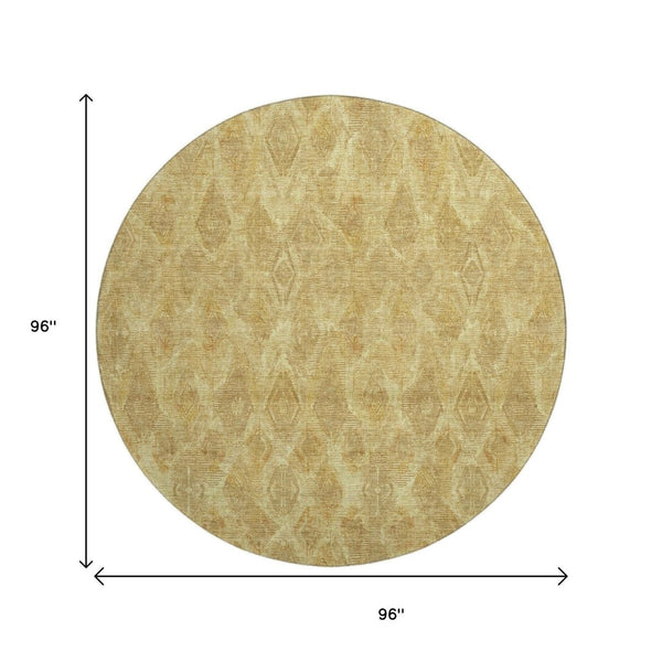 HomeRoots 8' Gold and Beige Diamond Washable Round Rug - Stain-Resistant, UV Protected, Perfect for Any Space! 652620