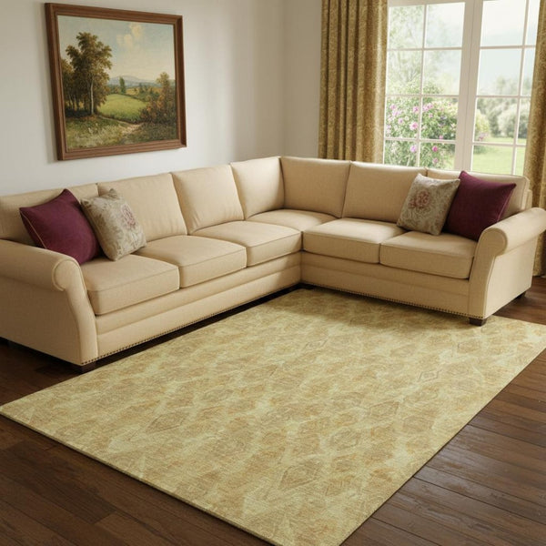HomeRoots 9' X 12' Gold and Beige Diamond Area Rug - Washable, UV-Protected, Stain-Resistant, Durable Style 652622