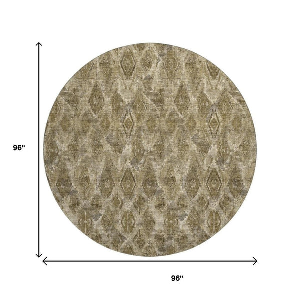HomeRoots 8' Coffee and Beige Diamond Round Area Rug - Washable, Stain Resistant, UV Protected for Homes 652626