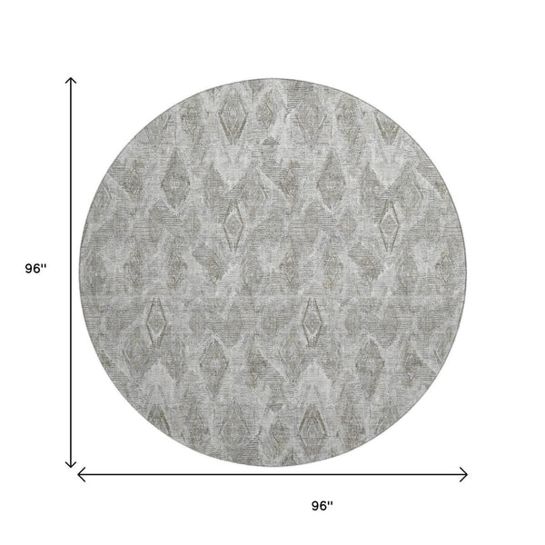 HomeRoots 8' Stylish Silver and Gray Diamond Washable Round Rug with UV Protection for Durable Living Spaces 652632