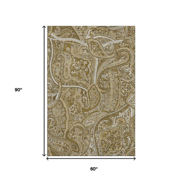 HomeRoots 5' Brown and Ivory Paisley Area Rug - Washable, UV Protected, Stain Resistant for Modern Living Spaces 652637