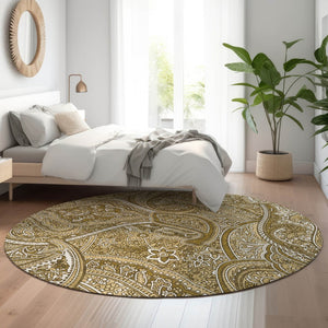 HomeRoots 8' Brown And Ivory Paisley Washable Round Rug – Durable, Stain-Resistant, UV Protected for Busy Homes! 652638