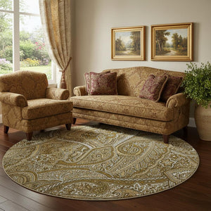 HomeRoots 8' Brown And Ivory Paisley Washable Round Rug – Durable, Stain-Resistant, UV Protected for Busy Homes! 652638