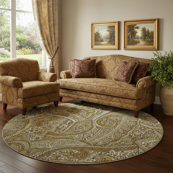 HomeRoots 8' Brown And Ivory Paisley Washable Round Rug – Durable, Stain-Resistant, UV Protected for Busy Homes! 652638