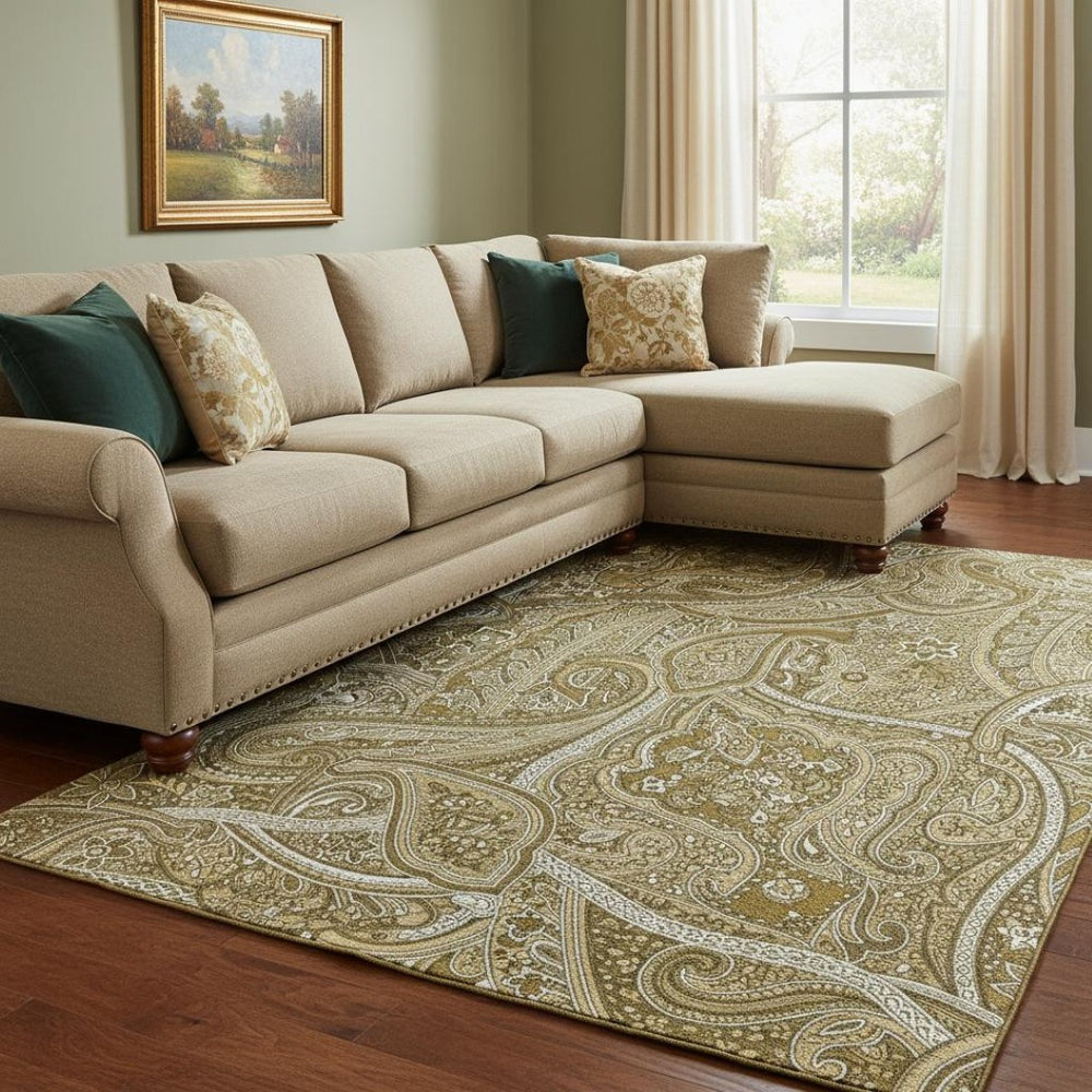 HomeRoots 10' X 14' Elegant Brown & Ivory Paisley Washable Area Rug with UV Protection for Family Spaces 652641