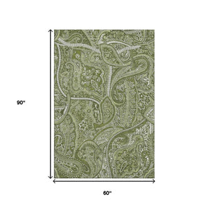 HomeRoots 5' X 8' Green and Ivory Paisley Washable Area Rug - Stylish, Durable, UV Protected for Any Room 652643