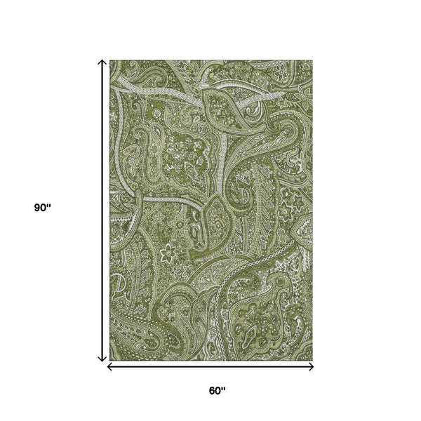 HomeRoots 5' X 8' Green and Ivory Paisley Washable Area Rug - Stylish, Durable, UV Protected for Any Room 652643