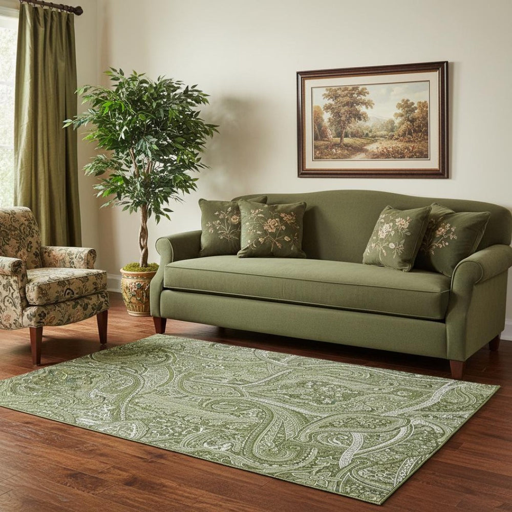 HomeRoots 5' X 8' Green and Ivory Paisley Washable Area Rug - Stylish, Durable, UV Protected for Any Room 652643