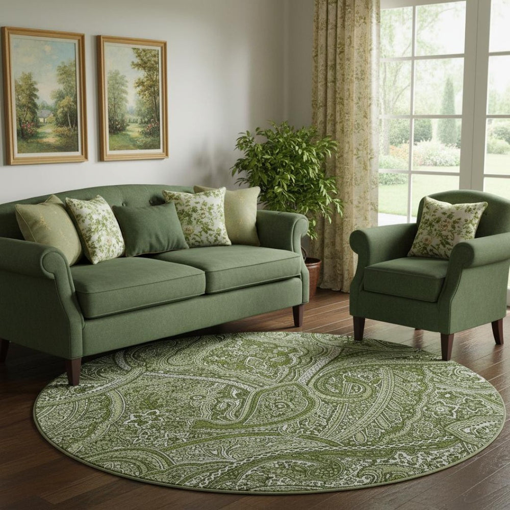 HomeRoots 8' Green And Ivory Paisley Washable Round Rug - Durable, Stain Resistant, UV Protected for All Spaces 652644