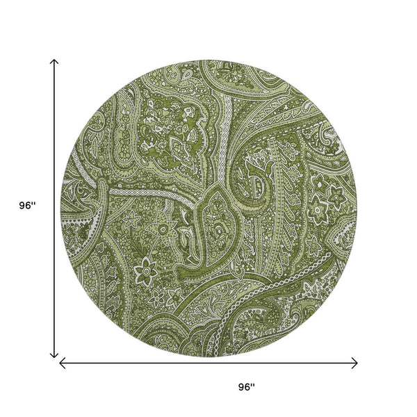 HomeRoots 8' Green And Ivory Paisley Washable Round Rug - Durable, Stain Resistant, UV Protected for All Spaces 652644